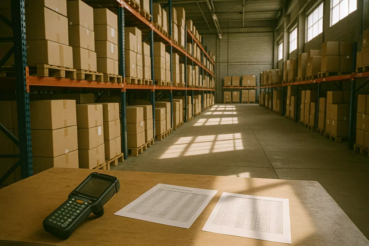 Wnętrze magazynu z regałami i skanerem kodów kreskowych na biurku