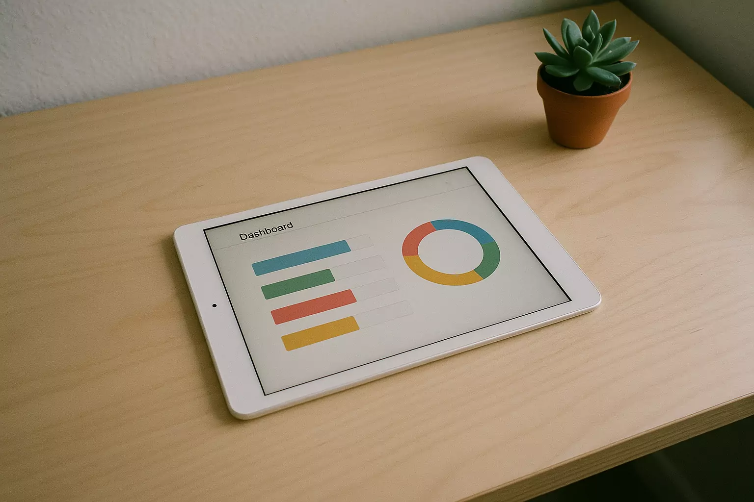 Tablet na biurku z prostym dashboardem i roślina w doniczce
